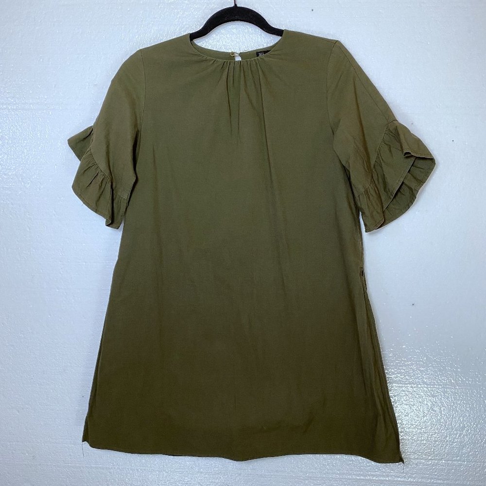 Zara Womens Size Small Olive Green Ruffle Sleeve Romper Shift Dress Side Slits